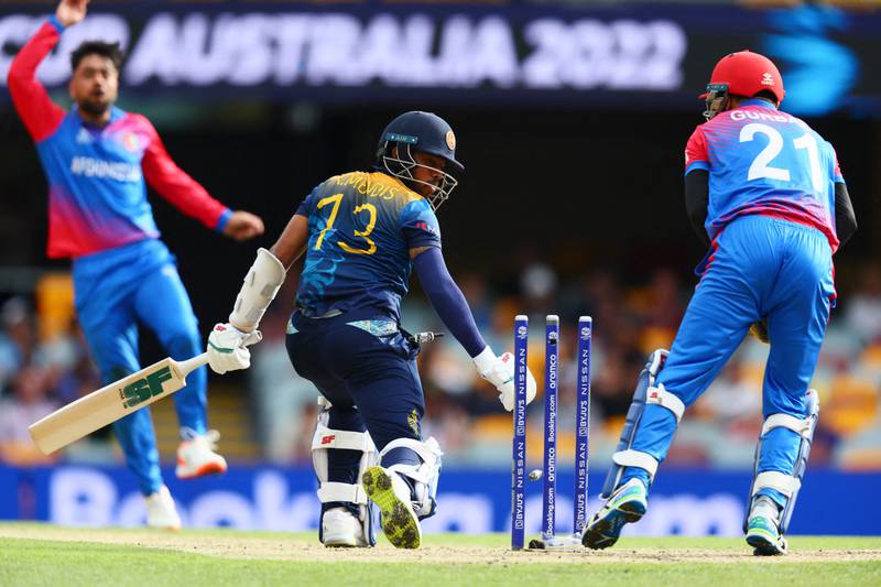 Sri Lanka's Kusal Mendis is bowled by Afghanistan's Rashid Khan. AFP