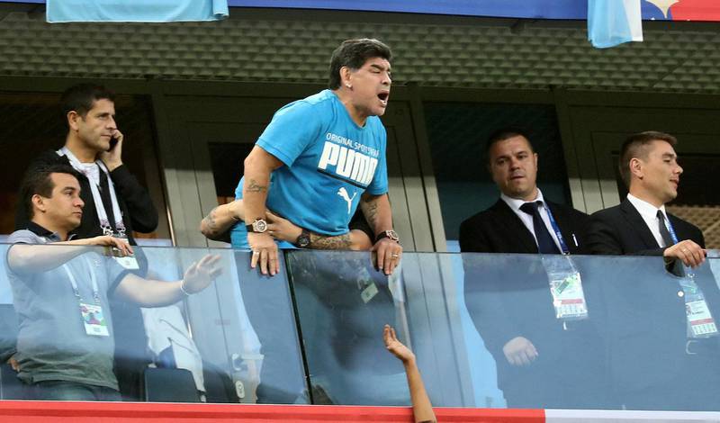 Diego Maradona reacts in the stands. Sergio Perez / Reuters