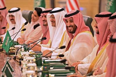 Saudi Arabia's Crown Prince Mohammed bin Salman takes part in a working session with US President Joe Biden and his team. AFP