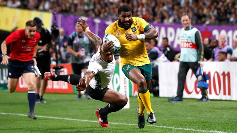 Australia's Marika Koroibete, who was born in Fiji, scores the Wallabies sixth try during Saturday's 39-21 victory over Fiji in their opening match at the Rugby World Cup 2019. Reuters