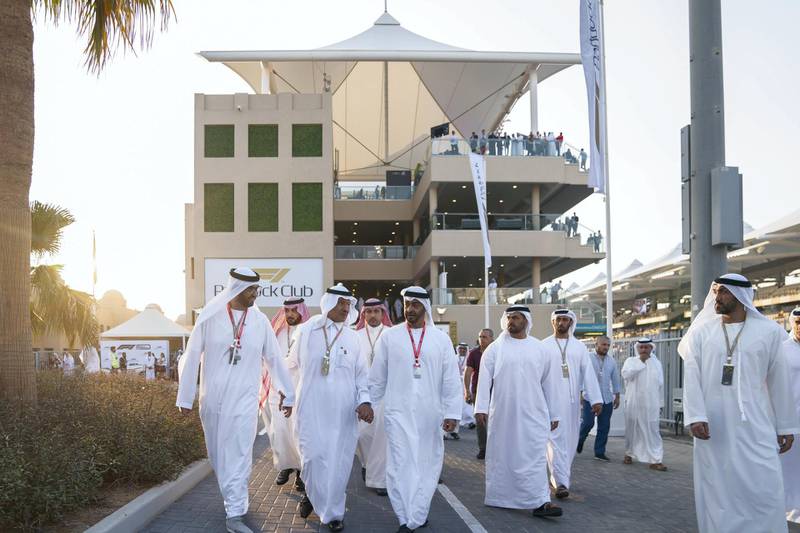 YAS ISLAND, ABU DHABI, UNITED ARAB EMIRATES - December 01, 2019: HH Sheikh Mohamed bin Zayed Al Nahyan, Crown Prince of Abu Dhabi and Deputy Supreme Commander of the UAE Armed Forces (3rd L) attends the final day of Formula 1 Etihad Airways Abu Dhabi Grand Prix. Seen with HE Dr Sultan Ahmed Al Jaber, UAE Minister of State, Chairman of Masdar and CEO of ADNOC Group (L), HRH Prince Abdulaziz bin Salman bin Abdulaziz Al Saud, Minister of Energy of Saudi Arabia (2nd L) and HE Mohamed Mubarak Al Mazrouei, Undersecretary of the Crown Prince Court of Abu Dhabi (R).

( Mohamed Al Hammadi / Ministry of Presidential Affairs )
---