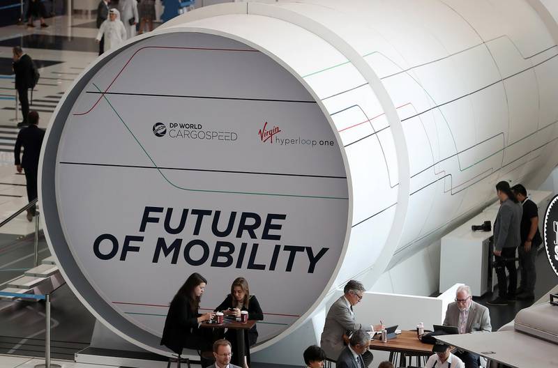 ABU DHABI ,  UNITED ARAB EMIRATES , SEPTEMBER 10 – 2019 :- View of the model of Virgin Hyperloop One during the second day of the World Energy Congress held at ADNEC in Abu Dhabi. ( Pawan Singh / The National ) For Business. Story by Jennifer/Fareed