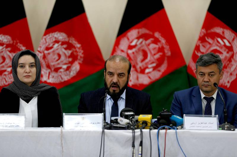 Gula Jan Abdul Badi Sayad chairman of Independent Elections Commission (IEC) of Afghanistan, speaks during a news conference in Kabul, Afghanistan April 1, 2018. REUTERS/Omar Sobhani