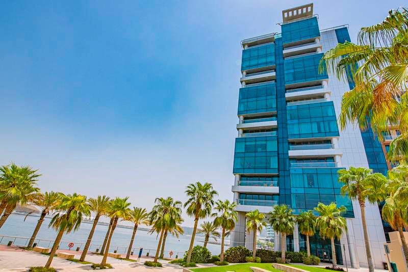 The apartment is located on a high floor in the Al Manara Tower of the Al Bandar development in Abu Dhabi