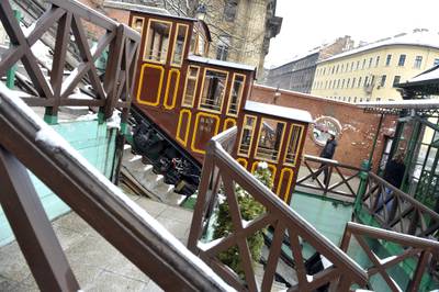 A Budapest Castle Hill Funicular car, at the terminal point of Adam Clark Square near the oldest Hungarian bridge, the Chain Bridge, in 2010.  AFP