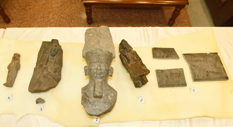 Five relics from the Pharaonic age are displayed in Kuwait before being handed back to Egypt. They were confiscated by Kuwaiti authorities in 2019. All Photos: Kuna