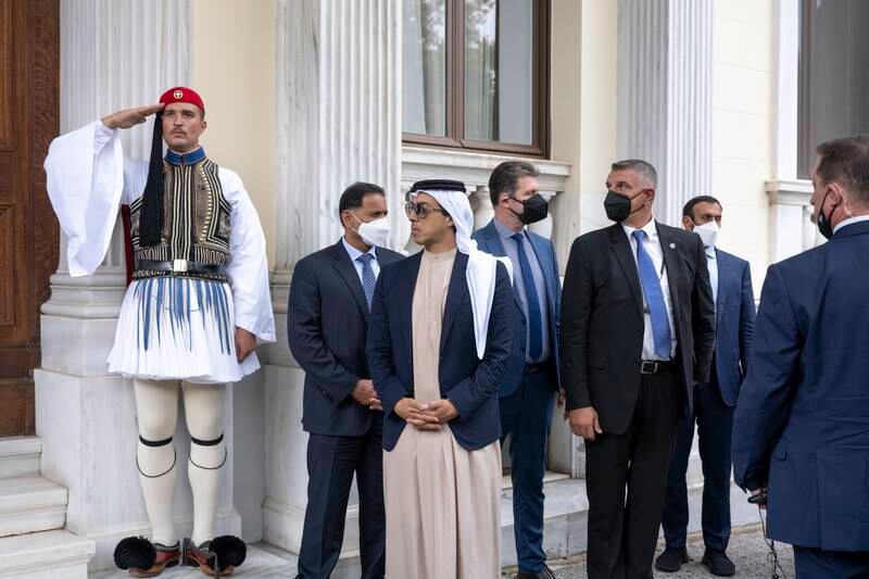 Sheikh Mansour bin Zayed, Deputy Prime Minister and Minister of Presidential Affairs, attends a reception hosted by Greek President Katerina Sakellaropoulou.