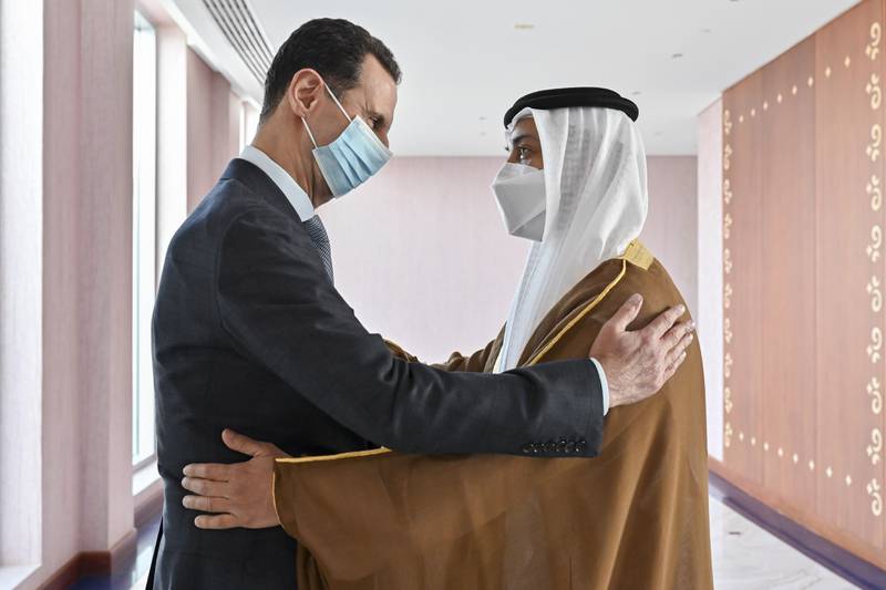 Sheikh Mansour bin Zayed, Deputy Prime Minister and Minister of Presidential Affairs, meets Mr Al Assad in Abu Dhabi. Hassan Al Menhali / Ministry of Presidential Affairs