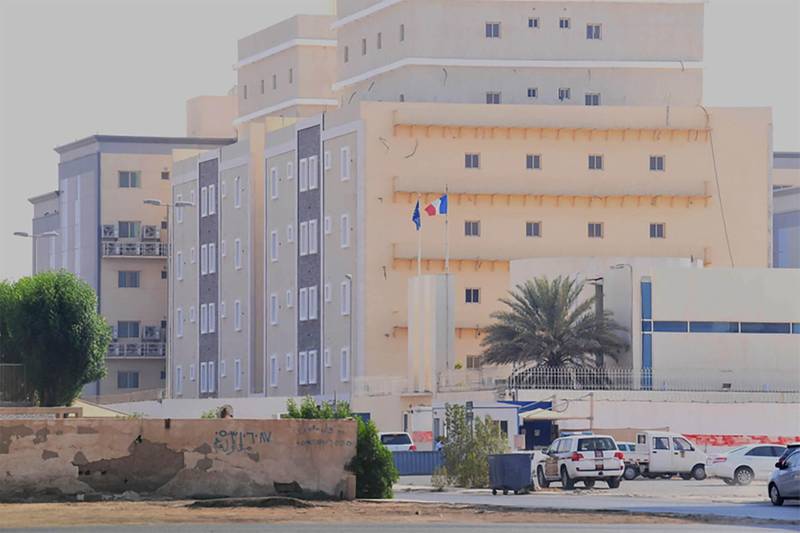 A picture taken from a distance shows the French consulate in the Saudi Red Sea port of Jeddah on October 29, 2020. A Saudi citizen wounded a guard in a knife attack at the French consulate in Jeddah today, officials said, as France faces growing anger over satirical cartoons of the Prophet Mohammed. The assault follows another knife attack at a church in the French city of Nice that left three people dead and several others wounded, in what authorities are treating as the latest jihadist attack to rock the country. / AFP / Mohammed Ahmed