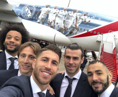 The decal shows from left to right, Marcelo, Luka Modrić, Sergio Ramos, Gareth Bale, and Karim Benzema. Courtesy Emirates