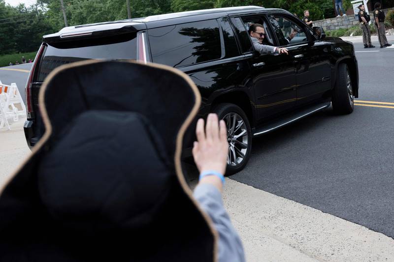 Actor Johnny Depp leaves for the day during the Depp vs Heard deformation trial in Fairfax, Virginia. AFP
