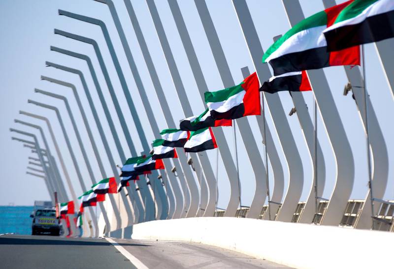 Abu Dhabi, United Arab Emirates, December, 2, 2020.   The UAE flags on Sheikh Zayed bridge.Victor Besa/The NationalSection:  National News