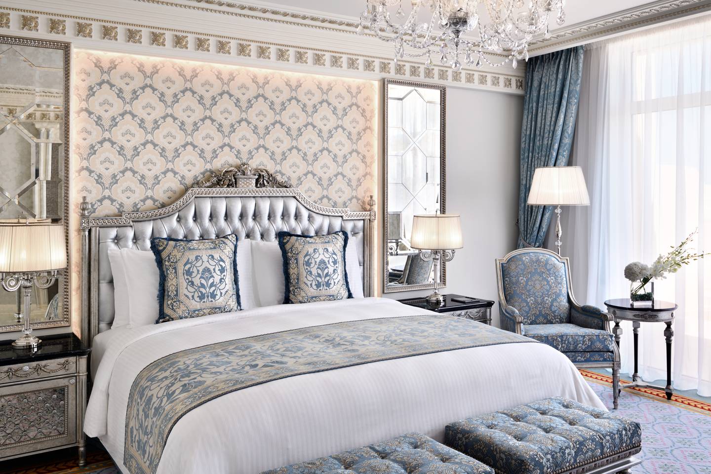 Rooms and suites at Raffles The Palm Dubai boast ornate decor, quilted furniture and sparkling chandeliers. Photo: Raffles Hotels and Resorts