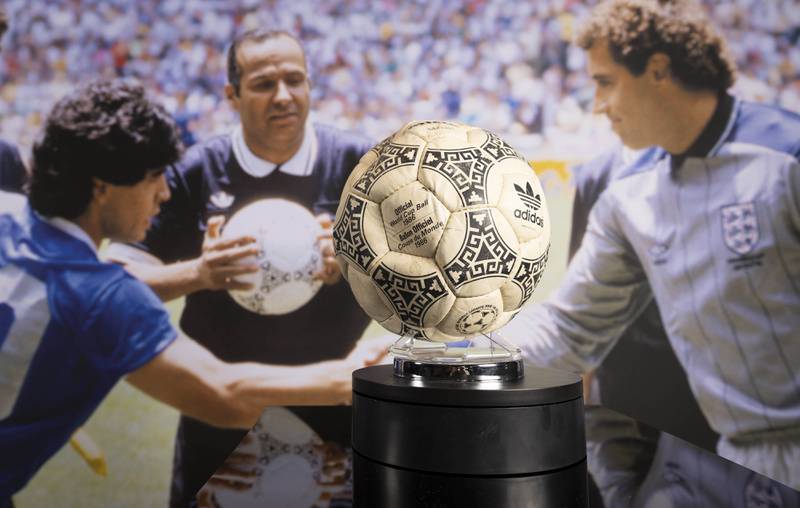 The football used by Maradona to score the 'hand of God' goal at the 1986 World Cup quarter-finals between Argentina and England is on display at Wembley before its auction later this month. PA