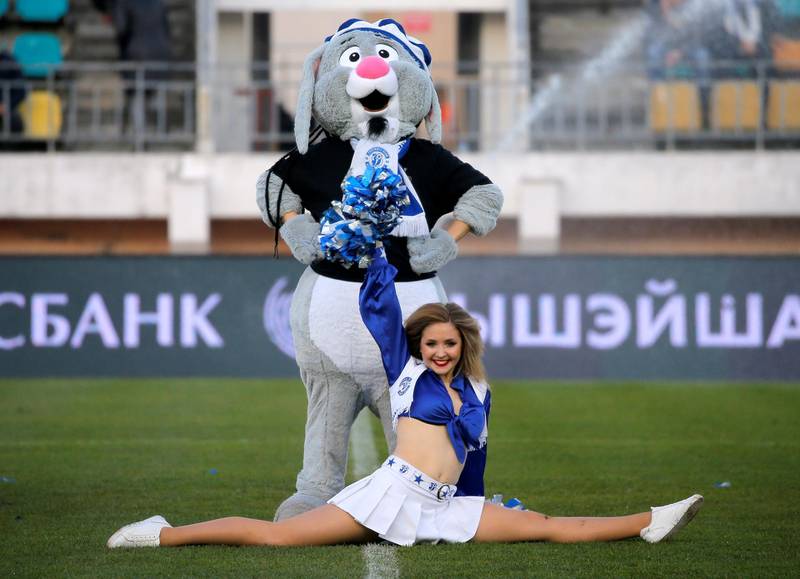 Dynamo Brest mascot and a cheerleader at the  OSK Brestsky Stadium on Sunday. Reuters