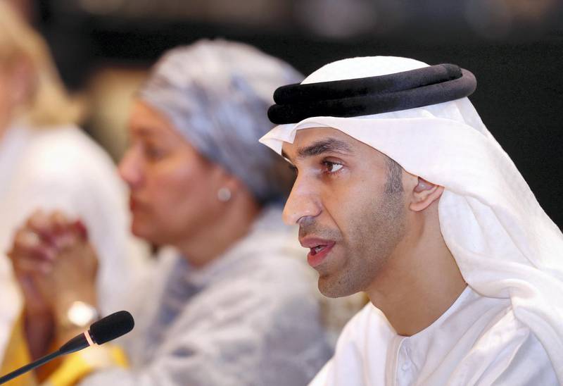 Abu Dhabi, United Arab Emirates - July 01, 2019: Dr. Thani Al Zeyoudi, Minister of Climate Change and Environment speaks. Climate and Health MinistersÕ Meeting. There will be three sections: air quality, climate-induced disasters and weather events, and financing approaches for the health-climate nexus. Day 2 of Abu Dhabi Climate Meeting. Monday the 1st of July 2019. Emirates Palace, Abu Dhabi. Chris Whiteoak / The National