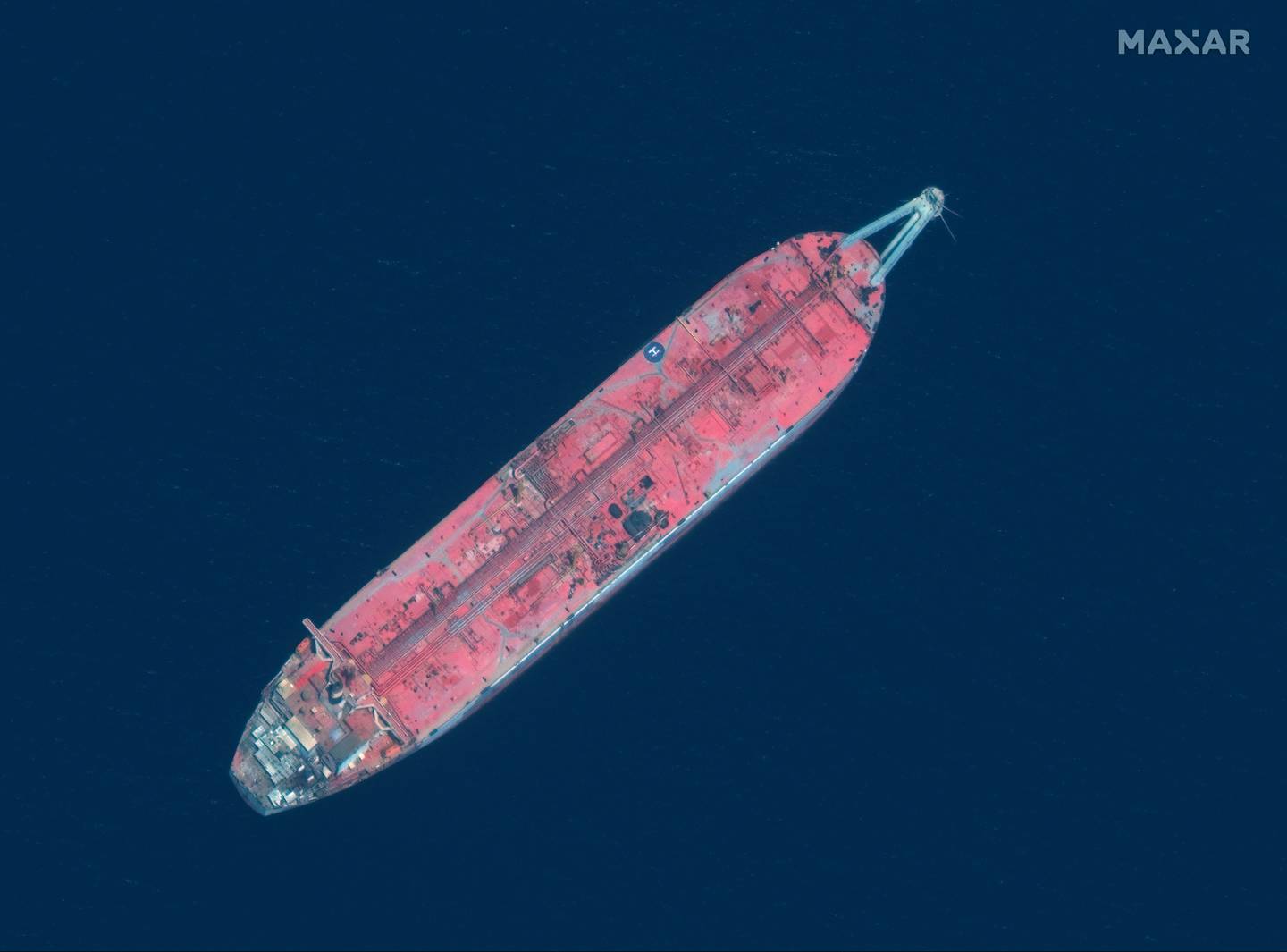 This satellite image provided by Maxar Technologies shows the FSO Safer tanker moored off Ras Issa port, Yemen, on June 17, 2020. Maxar Technologies via AP