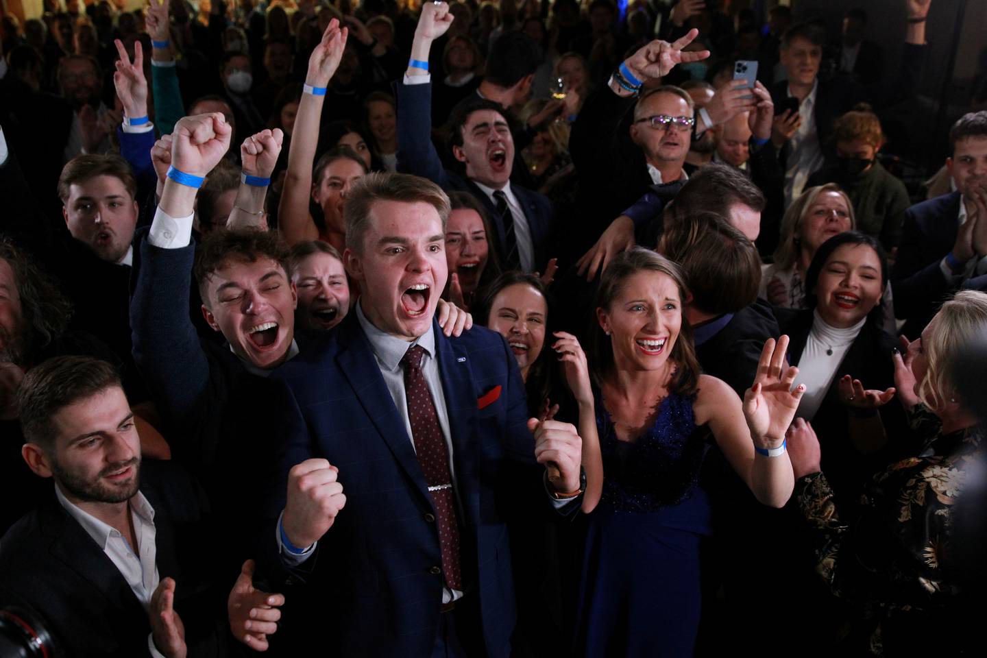 Supporters of opposition leader Petr Fiala react to the election result at the headquarters of the Civic Democratic Party in Prague. Reuters 