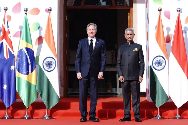 Indian Foreign Minister Subrahmanyam Jaishankar welcomes Mr Blinken in New Delhi. EPA