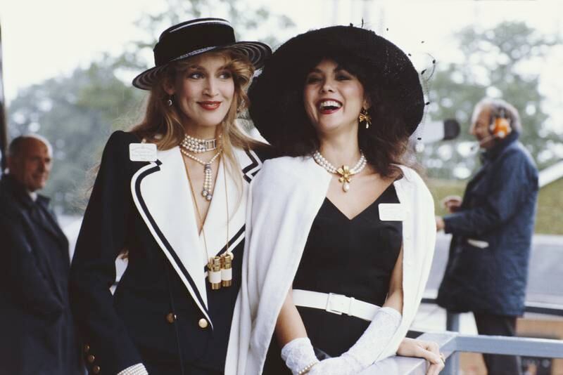 Models Marie Helvin and Jerry Hall at Royal Ascot in 1982.  Getty Images