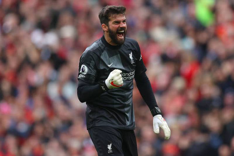 Liverpool's Alisson Becker celebrates after the second goal. Getty