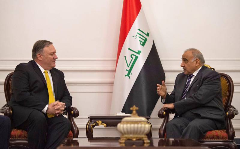 US Secretary of State Mike Pompeo talks with Iraqi Prime Minister Adel Abdul-Mahdi in Baghdad, during a Middle East tour, Iraq, January 9, 2019.  Andrew Caballero-Reynolds/Pool via REUTERS