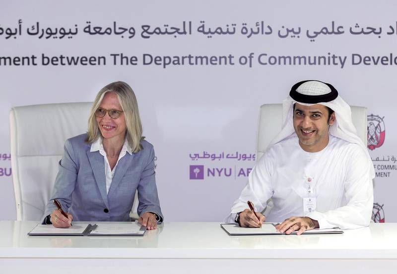 Abu Dhabi, United Arab Emirates, March 11, 2020. Signing Ceremony for Sponsorship Research Agreement between DCD & NYU Abu Dhabi.(L-R) Mariet Westermann,Vice Chancellor of NYU Abu Dhabi and Hamad Al Dhaheri, Acting Undersecretary of  Department of Community Development.Victor Besa / The NationalSection:  NAReporter:  Kelsey Warner