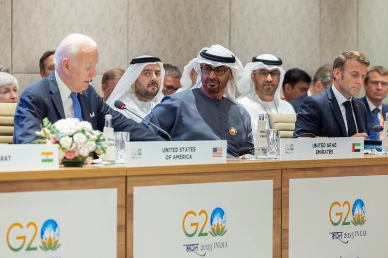 President Sheikh Mohamed attends the India-Middle East-Europe Economic Corridor announcement on the sidelines of the G20 Summit in New Delhi last week. Ryan Carter / UAE Presidential Court