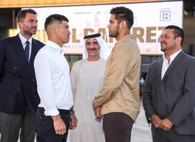 Left to right: Eddie Hearn, Dmitry Bivol, Saleh Mohammed Al Geziry, Gilberto Ramirez, in front of the Etihad Arena in Abu Dhabi. 