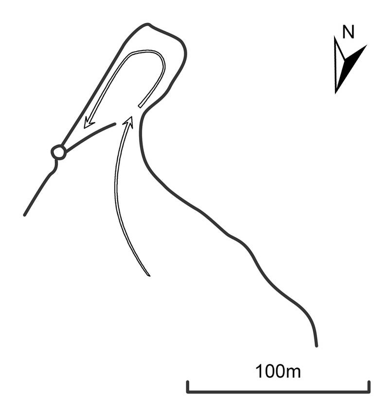 Diagram of a ‘hatchet’ kite at Harrat 'Uwayrid shows the typical lopsided enclosure shape that extends alongside the apex of the guide walls, in this case, attached to the guide wall, ending in a single cell trap. Photo: drawn by Rebecca Repper
