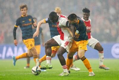 Brian Brobbey of Ajax battles for possession with Ibrahim Dresevic of Heerenveen. Getty