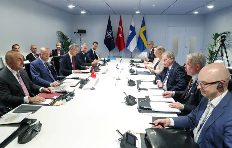 Nato Secretary General Jens Stoltenberg, Turkish President Recep Tayyip Erdogan, Swedish Prime Minister Magdalena Andersson and Finnish President Sauli Niinisto at a trilateral meeting in Madrid. Reuters