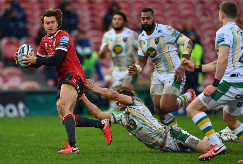 Lloyd Evans of Gloucester is tackled by Piers Francis of Northampton Saints during the Gallagher Premiership Rugby match between Gloucester and Northampton Saints at Kingsholm Stadium in Gloucester, England. Getty Images