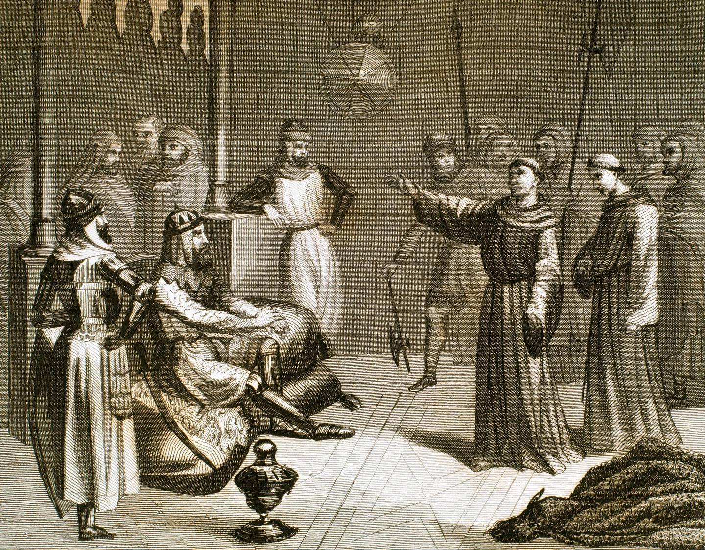Meeting between St. Francis of Assisi (1181/1182-1226) and Sultan Malek-el-Kamel (1180-1238) in Damietta (Egypt). Engraving, 1851. (Photo by Ipsumpix/Corbis via Getty Images)