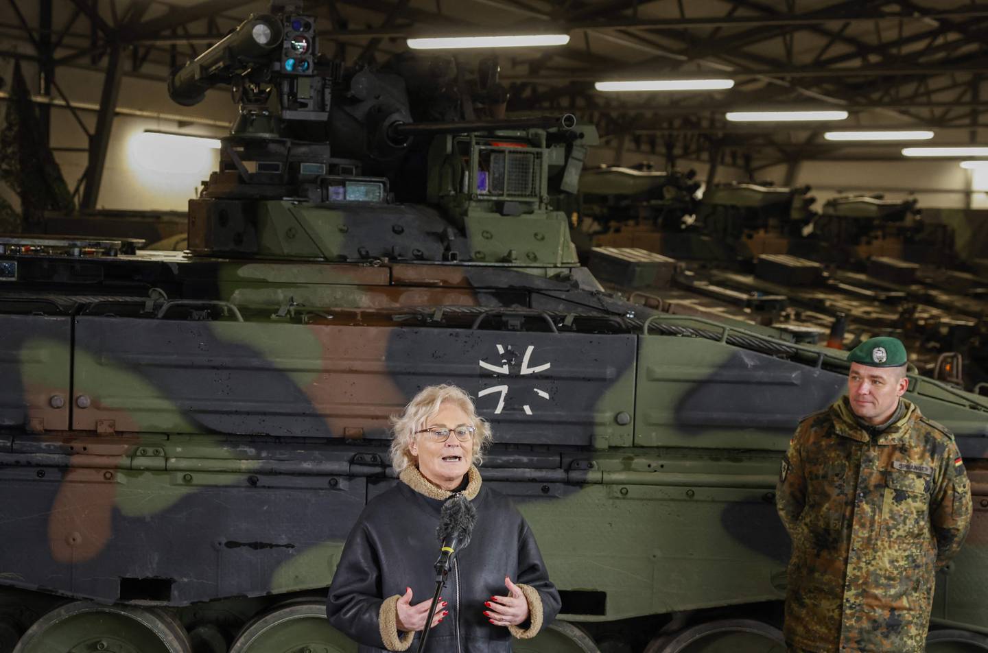 German Defence Minister Christine Lambrecht at a military barracks in Marienberg. AFP 