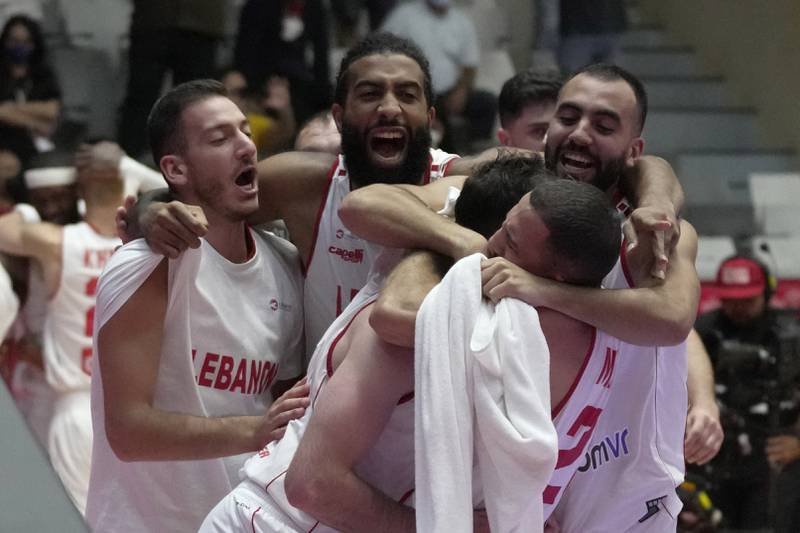 Lebanon players celebrates after defeating China in their Fiba Asia Cup 2022 quarter-final match in Jakarta, Indonesia, on Wednesday, July 20, 2022. AP