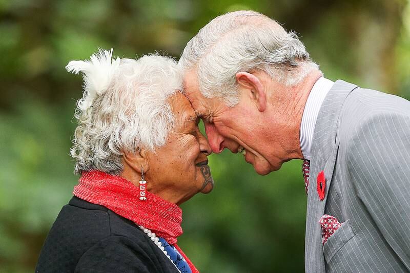 Prince Charles is greeted with a hongi during a 'Tea with Taranaki' event at Brooklands Park, New Zealand, in 2015.