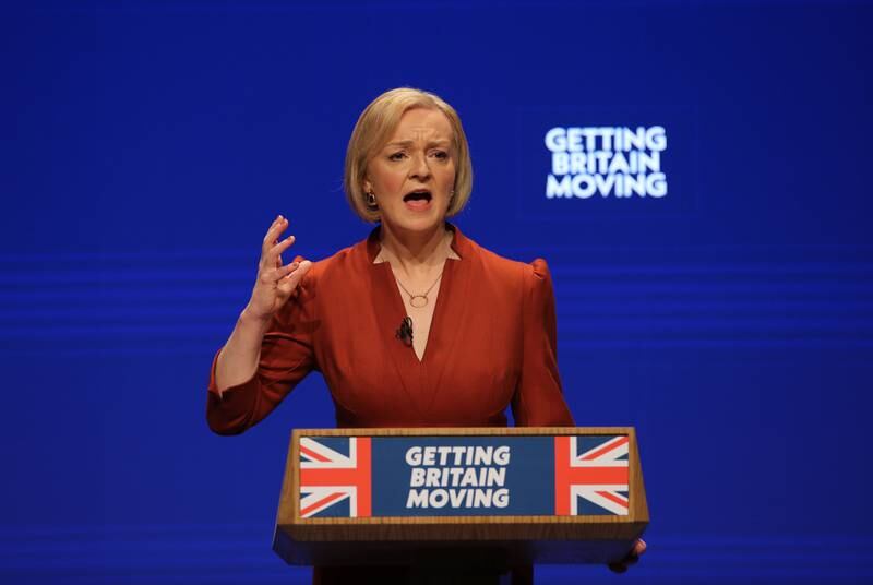 Liz Truss gives a speech at the Conservative Party Conference. EPA