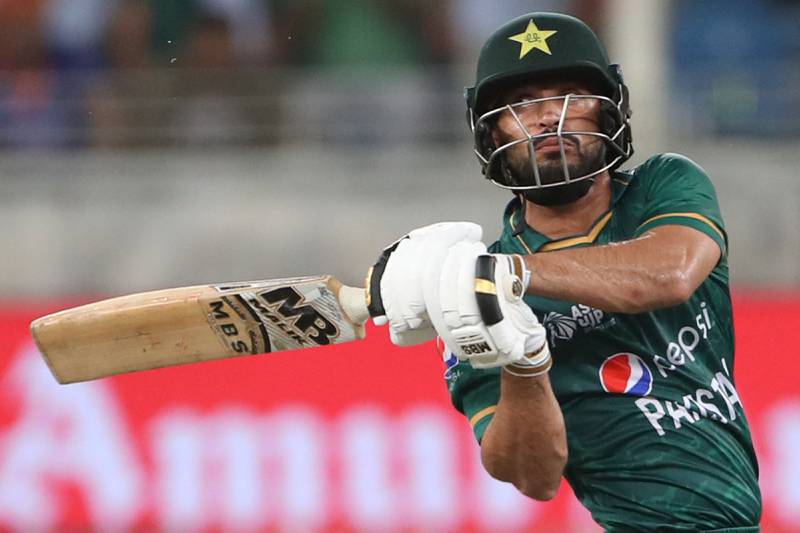 Pakistan's Mohammad Nawaz on his way to a quickfire 42 as Pakistan beat India during the Asia Cup Twenty20 Super Four match at the Dubai International Cricket Stadium on September 4, 2022. AFP