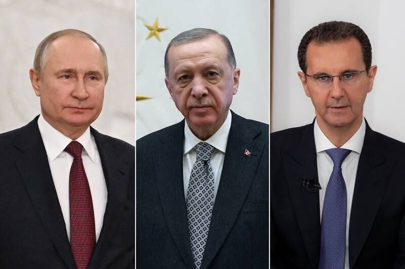 President Turkish President Recep Tayyip Erdogan, centre, Syrian President Bashar Al Assad, right, and Russian President Vladimir Putin. AFP / Reuters