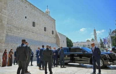 US President Joe Biden arrives at the Church of Nativity in Bethlehem, on the second full day of his Middle East visit. AFP