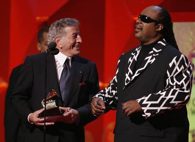 Tony Bennett and Stevie Wonder accept the Grammy for Best Pop Collaboration with Vocals for For Once In My Life at the Grammy Awards in February 2007. Reuters