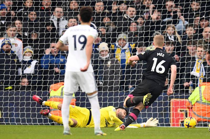 Brentford goalkeeper David Raya saves a shot from Leeds United's Rodrigo. AFP