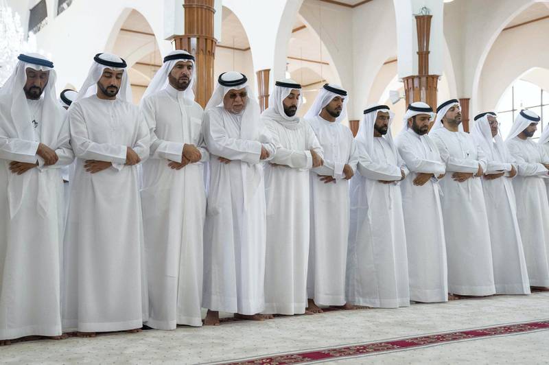 Members of the Al Qasimi family, sheikhs and dignitaries attend the funeral prayers of Sheikh Khalid, son of the Sharjah Ruler, on Wednesday. Wam