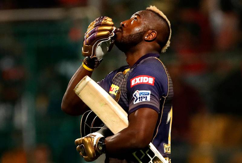 Kolkata Knight Riders' Andre Russell looks skywards to celebrate after their win in the VIVO IPL T20 cricket match between Royal Challengers Bangalore and Kolkata Knight Riders in Bangalore, India, Friday, April 5, 2019. Kolkata Knight Riders won the match by five wickets. (AP Photo/Aijaz Rahi)