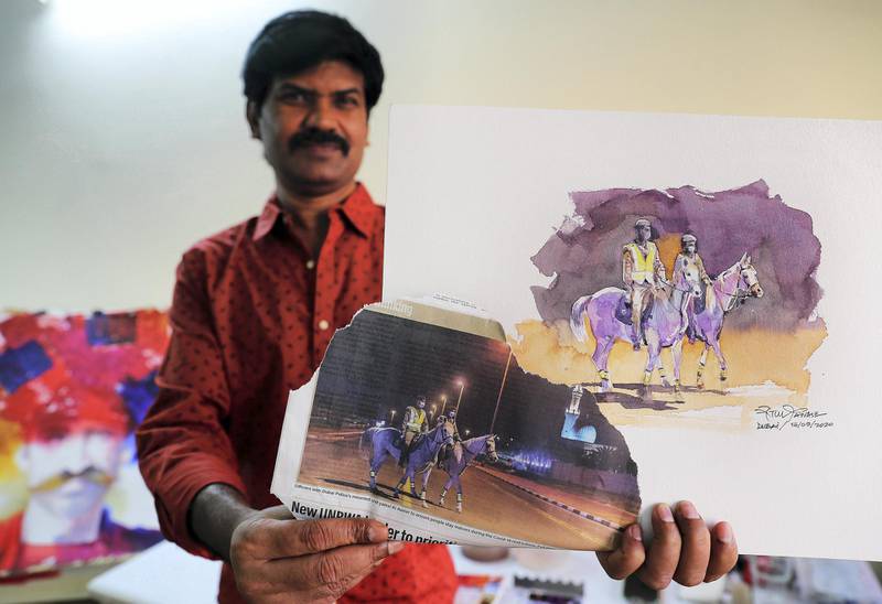 DUBAI , UNITED ARAB EMIRATES , May 14 – 2020 :- Artist Atul Panase showing the painting which he made from the photo published in The National newspaper at his home studio in Deira Dubai. He is from India and based in Dubai for more than two decades. He was one of curators for World Art Dubai in 2017 and 2018. He is also the UAE Country Leader since last 5 years for the team of watercolorists for FabrianoInAcquarello and UrbinoInAcquerello international watercolor festivals which happen annually in Italy. He started the art activity  #pickanypicandpaint from the newspaper during the stay home era in the UAE because of COVID 19 pandemic. In this art activity which is trending with the hash tag #pickanypicandpaint involves more than 80 artists locally and internationally so far as the number is growing day by day. People here and also from other countries are participating and painting from the piece of newspapers. (Pawan Singh / The National) For Arts & Life/Online/Instagram.  Story by Katy Gillett