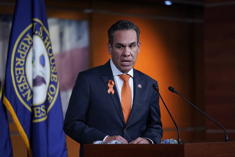 Congressman Pete Aguilar speaks with reporters about Democratic efforts to curb gun violence following the mass shootings in Uvalde, Texas, and Buffalo, New York. AP