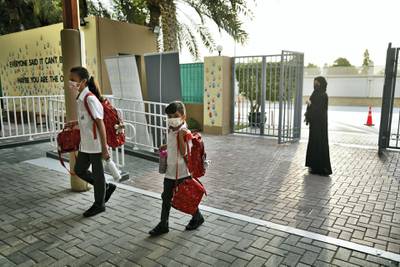 Students return to the Al-Mizhar American Academy for Girls after months after the government re-opens schools in the wake of Covid-19 pandemic in Dubai, UAE, Sunday, Aug. 30, 2020. (Photos by Shruti Jain - The National)