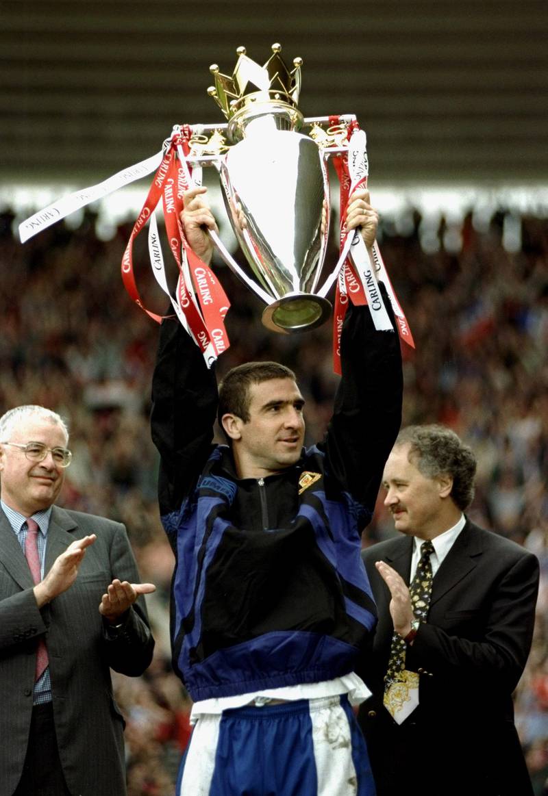 5 May 1996:  Eric Cantona of Manchester United lifts the trophy after the FA Carling Premiership match against Middlesbrough at the Riverside Stadium in Middlesbrough, England. Manchester United won the match 3-0 and became league champions. \ Mandatory Credit: Shaun Botterill /Allsport