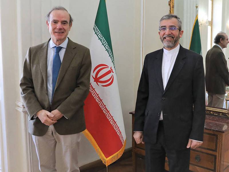 Iranian Deputy Foreign Minister Ali Bagheri Kani, right, with European envoy Enrique Mora in Tehran. AFP